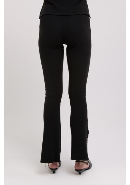Kadın Siyah Gümüş Taşlı Zincir Detaylı Yırtmaçlı Örme Pantalon indirimleri