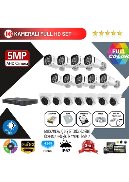 16'lı 5mp Ahd Kamera Seti – Full Color, 360MM Lensli, Gece Görüşlü Güvenlik Sistemi