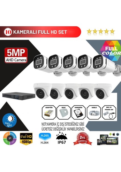 10'lu 5mp Ahd Kamera Seti – Full Color, 360MM Lensli, Gece Görüşlü Güvenlik Sistemi