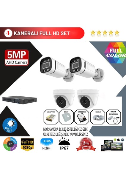 4'lü 5mp Ahd Kamera Seti – Full Color, 360MM Lensli, Gece Görüşlü Güvenlik Sistemi