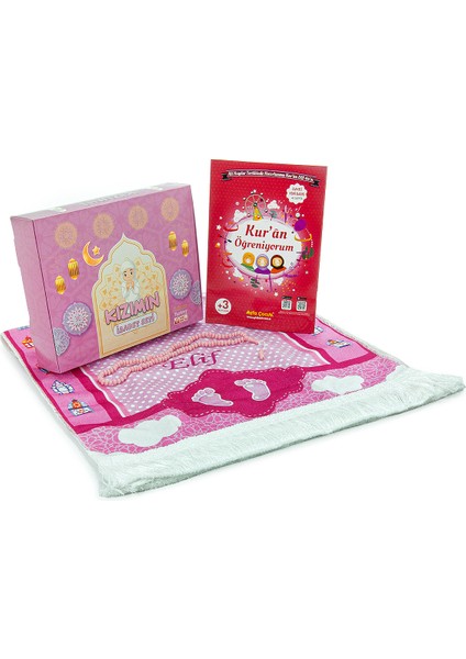 Kızımın Ibadet Seti Kız Çocuk Isimli Seccade, Kuran Öğreniyorum Kitabı Seti Pembe