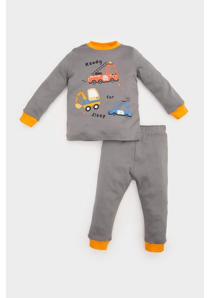 Yeni Sezon Erkek Bebek Pijama Takımı Araç Baskılı Uzun Kollu Üst Beli Lastikli Uzun Alt