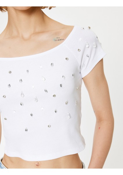 Yeni Sezon Kayık Yaka Tişört Taş Detaylı Kaşkorse Slim Fit Kısa Kollu indirimleri