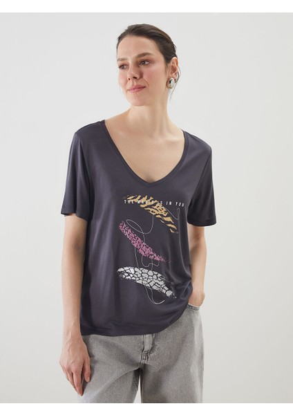 Yeni Sezon V Yaka Baskili Kadin Tisort - S5KR14Z8