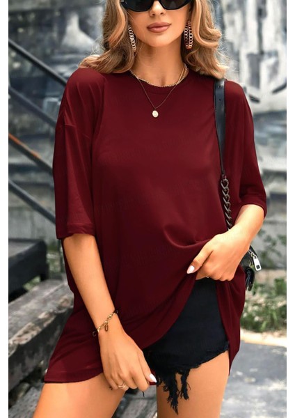 Kadın Bordo Basic Düz Baskısız Oversize Salas T-Shirt