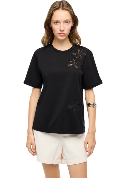 Çizgili Bisiklet Yaka Pamuklu Tişört