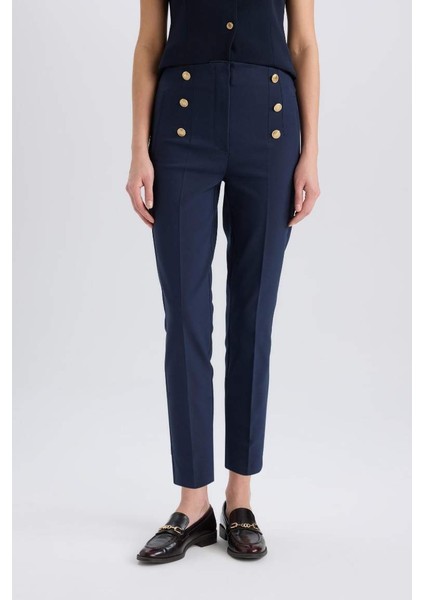 Yeni Sezon Skinny Fit Yüksek Bel Cepli Düğmeli Düz Paça Kumaş Pantolon