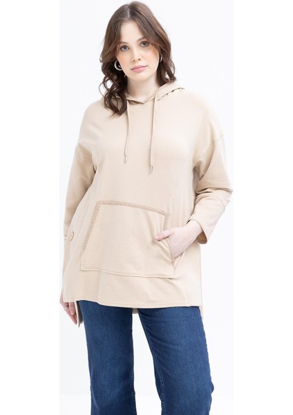 Bej-Kanguru Cepli Şerit Dantelli Likralı Büyük Beden Sweat