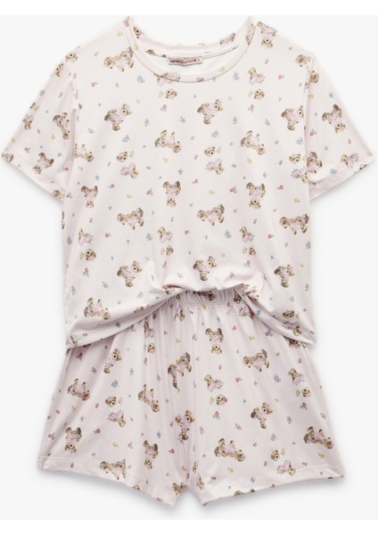 Yeni Sezon Ayıcık Desenli Kısa Kollu Bisiklet Yaka Şortlu Pijama Takımı