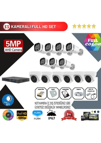 13'lü 5mp Ahd Kamera Seti – Full Color, 360MM Lensli, Gece Görüşlü Güvenlik Sistemi