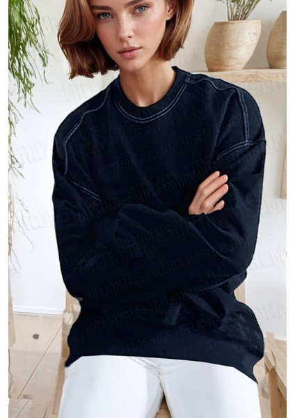 Kadın Dikiş Detaylı Lacivert Basic 0 Sıfır Yaka Baskısız Düz Oversize Salaş Bol Kesim Polar Sweatshirt