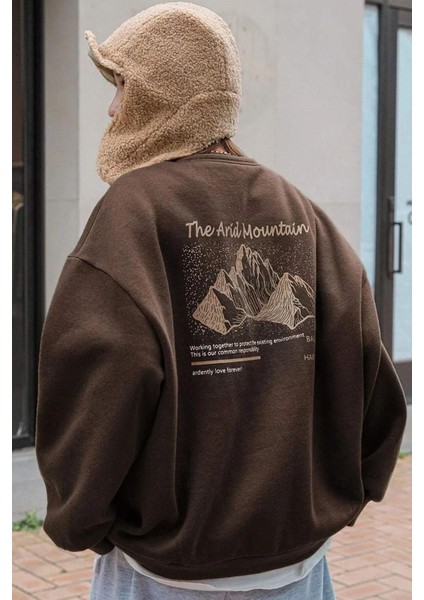 Kadın Kahverengi Arid Mountain Baskılı 0 Sıfır Yaka Oversize Salaş Bol Kesim Polar Sweatshirt