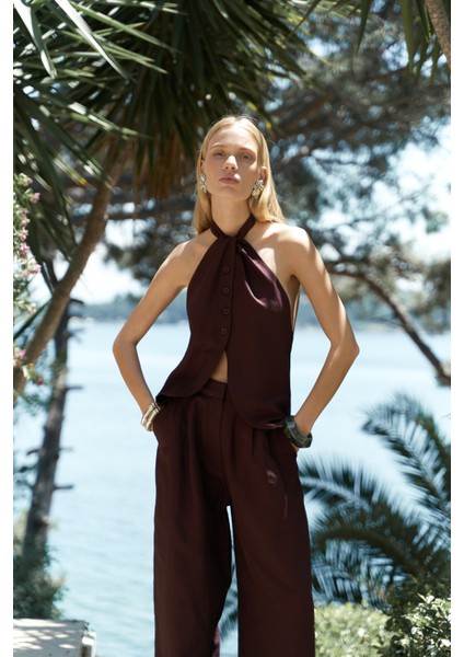 Prasetsah Bağlamalı Bordo Crop Pantolon Takım