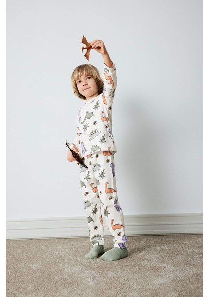 Yeni Sezon Erkek Bebek Pijama Takımı Dinazor Baskılı Uzun Kollu Üst Beli Lastikli Uzun Alt