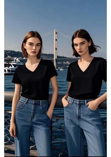 2li Kadın V Yaka T-Shirt Günlük Rahat Tişört
