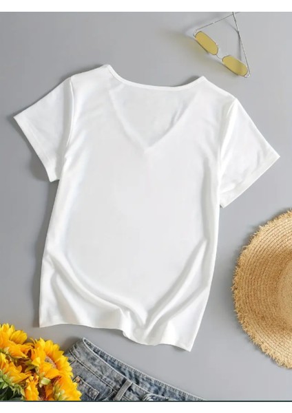 2li Kadın V Yaka T-Shirt Günlük Rahat Tişört