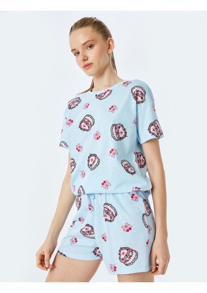Yeni Sezon Pamuklu Baskılı Kısa Kollu Kadın Şortlu Pijama Takımı
