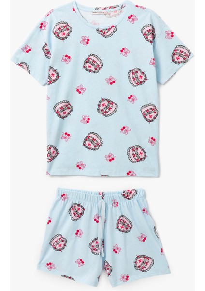 Yeni Sezon Pamuklu Baskılı Kısa Kollu Kadın Şortlu Pijama Takımı