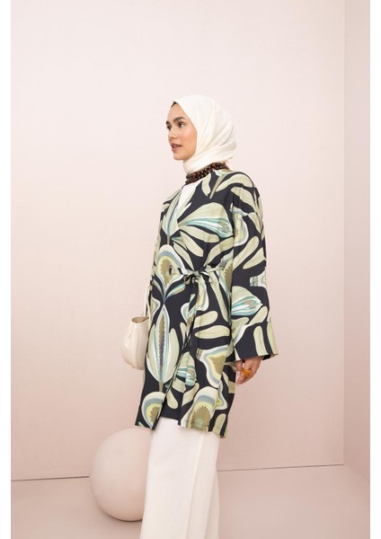 Indigo-Yeşil-Kruvaze Yaka Desenli Kuşaklı Kimono