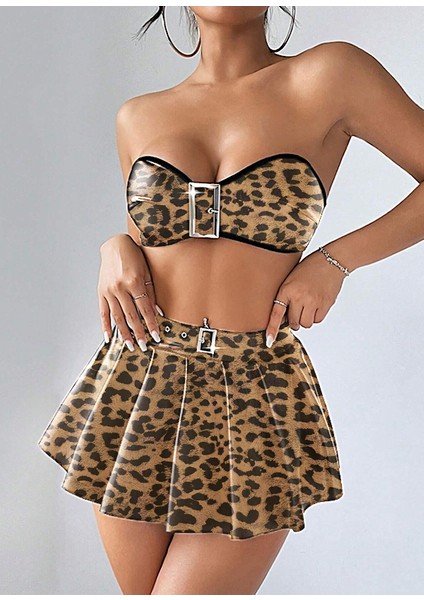 Leopar Desenli Deri Pileli Etek Büstiyer Kemer Takım fiyatları