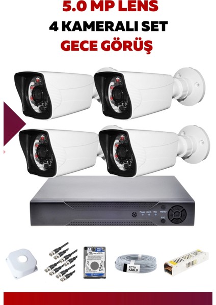 4 Kameralı Set - 5mp Sony Lensli Full Hd Gece Görüşlü Güvenlik Kamerası Sistemi - G4AAELPDVO