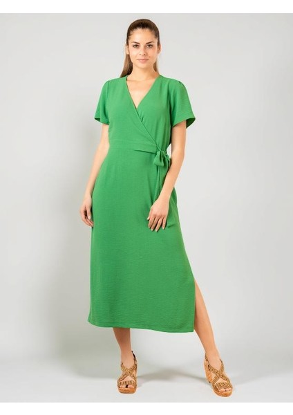 Lupinn Moda Yeşil V Yaka Kısa Kollu Yandan Bağlamalı Kuşaklı Midi Elbise - Yazlık Dokuma