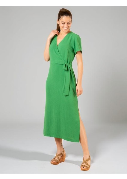 Lupinn Moda Yeşil V Yaka Kısa Kollu Yandan Bağlamalı Kuşaklı Midi Elbise - Yazlık Dokuma fiyatları
