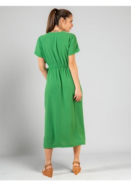 Lupinn Moda Yeşil V Yaka Kısa Kollu Yandan Bağlamalı Kuşaklı Midi Elbise - Yazlık Dokuma fırsatları