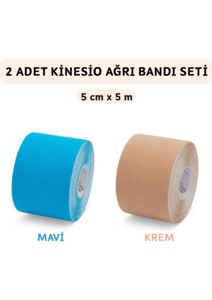 Kinesio Bandı 5 Metre x 5 cm Sporcu Bandı 2'li Set Mavi ve Krem