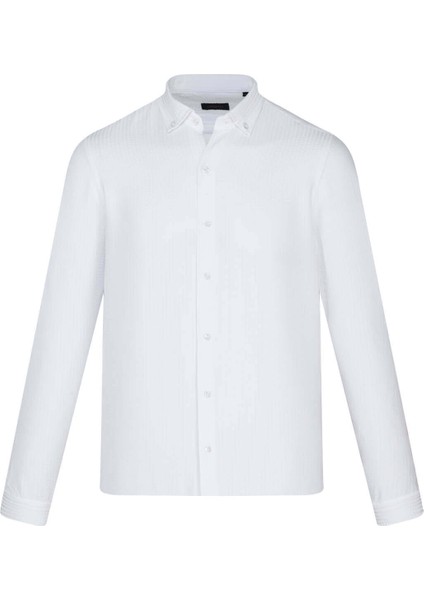 Beyaz Comfort Fit Düğmeli Yaka Uzun Kollu Casual Gömlek