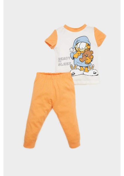 Yeni Sezon Erkek Bebek Garfield Pijama Takımı Kısa Kollu Penye Üst Beli Lastikli Uzun Alt