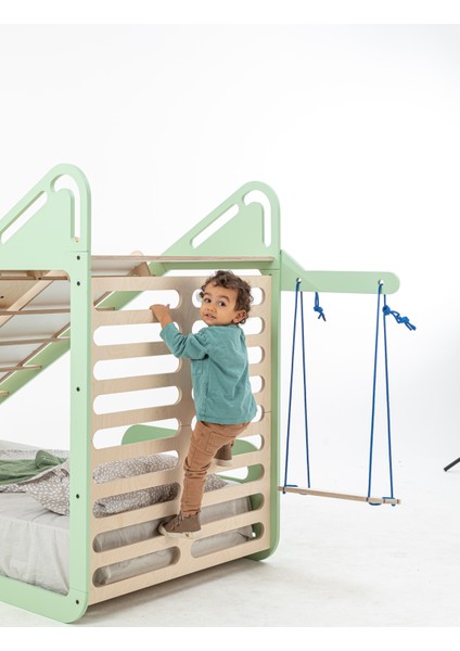 Montessori Karyola Bebek Yatağı Mint Ahşap - Salıncak, Masa, Yazı Tahtası, Kaydırak, Tırmanma Tahtası Aksesuarları Dahil