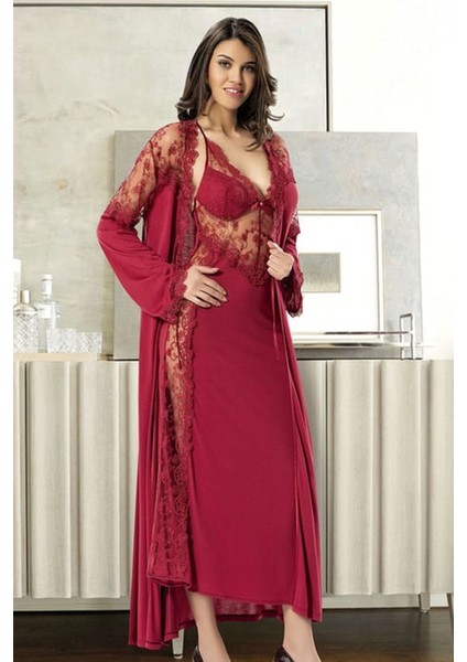 1019 Kadın Bordo Çeyizlik Dantelli Saten Sabahlıklı Gecelik Takım fiyatları