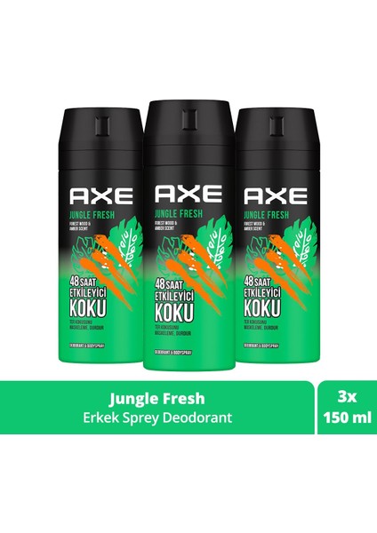 Erkek Sprey Deodorant Jungle Fresh 48 Saat Etkileyici Koku 150 ml X3 Adet