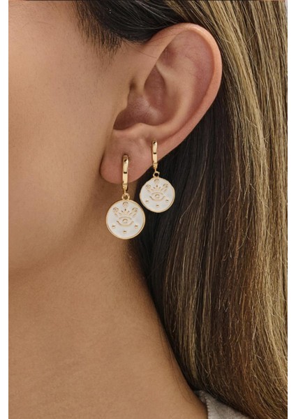 Beyaz Mineli Sallantılı Halka Küpe