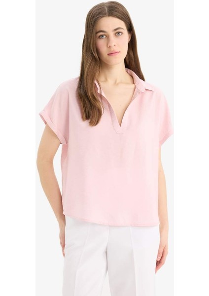 Yeni Sezon Comfort Fit Gömlek Yaka Basic Düz Kısa Kollu Bluz