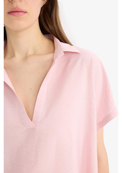 Yeni Sezon Comfort Fit Gömlek Yaka Basic Düz Kısa Kollu Bluz