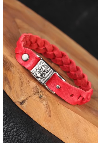 Kırmızı Renk Örgü Model Deniz Çapası Aksesuarlı Deri Erkek Bileklik - EB2846-ST