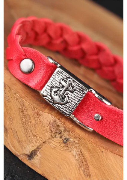 Kırmızı Renk Örgü Model Deniz Çapası Aksesuarlı Deri Erkek Bileklik - EB2846-ST fiyatları