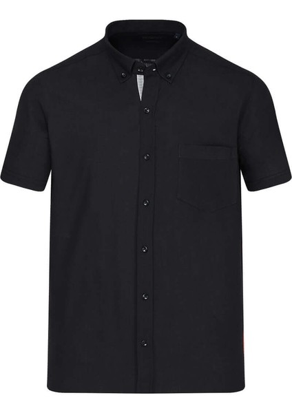 Siyah Comfort Fit 100% Pamuk Düğmeli Yaka Kısa Kollu Casual Gömlek