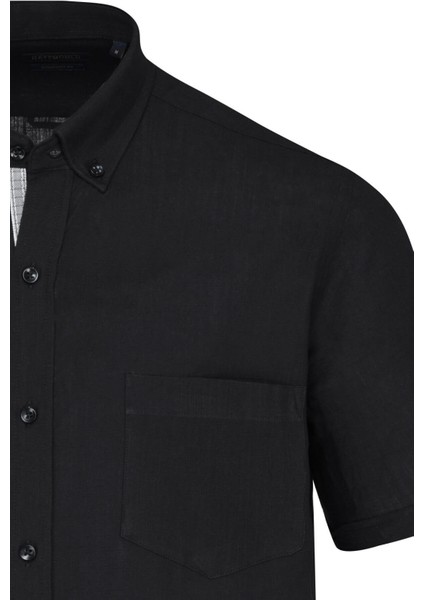 Siyah Comfort Fit 100% Pamuk Düğmeli Yaka Kısa Kollu Casual Gömlek fiyatları