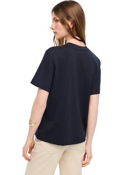 Makis Lacivert Renk Rahat Kalıp Bisiklet Yaka Takma Kol Tişört modelleri