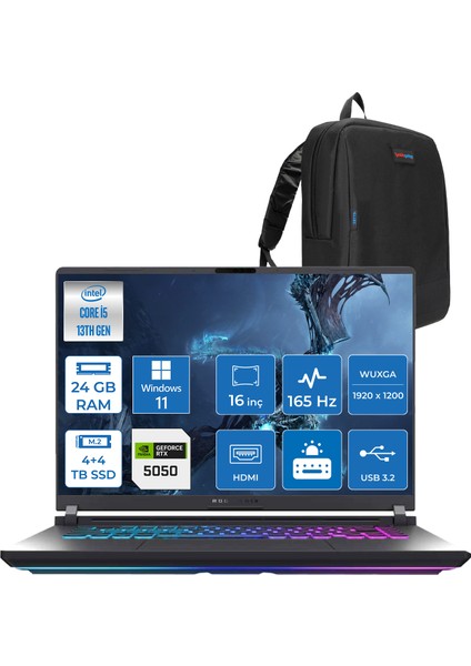 Rog Strix G16 G615JH-RV053 Intel Core I5-13450HX 24GB 4tb Ssd+4tb SSD 8GB/RTX5050 Gddr7 115W 16" Wuxga 165Hz 3ms IPS WINDOWS11PRO Gaming Laptop WRX053P08+ZETTAÇANTA