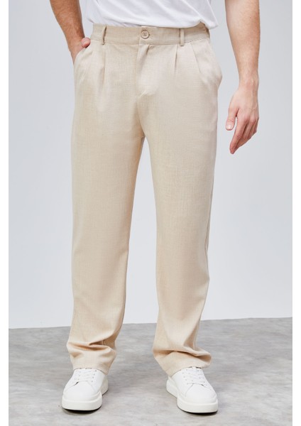 Erkek Bej Çift Pileli Rahat Kesim Beli Lastikli Bol Paça Baggy Pantolon ALBERT-1991