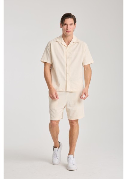 %100 Pamuk Erkek Keten Kombin – Slim Fit Gömlek ve Şort Takım |