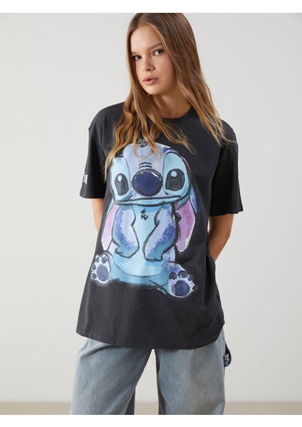 Yeni Sezon Bisiklet Yaka Stitch Baskili Kadin Tisort - S5GV71Z8