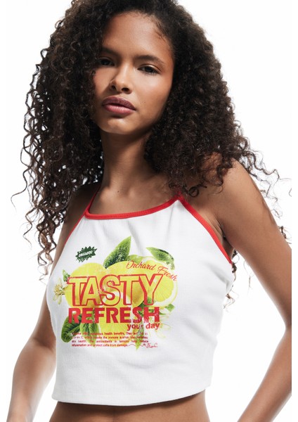 Yeni Sezon Pamuklu Kolsuz Limon Baskılı Bağcıklı Crop Dar Kesim Halter Yaka Bluz