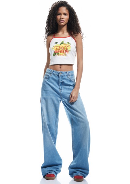 Yeni Sezon Pamuklu Kolsuz Limon Baskılı Bağcıklı Crop Dar Kesim Halter Yaka Bluz