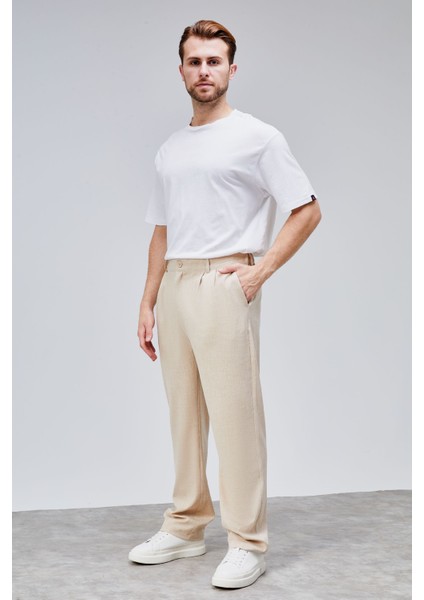 Erkek Bej Çift Pileli Rahat Kesim Beli Lastikli Bol Paça Baggy Pantolon ALBERT-1991 fiyatları