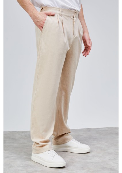 Erkek Bej Çift Pileli Rahat Kesim Beli Lastikli Bol Paça Baggy Pantolon ALBERT-1991 modelleri